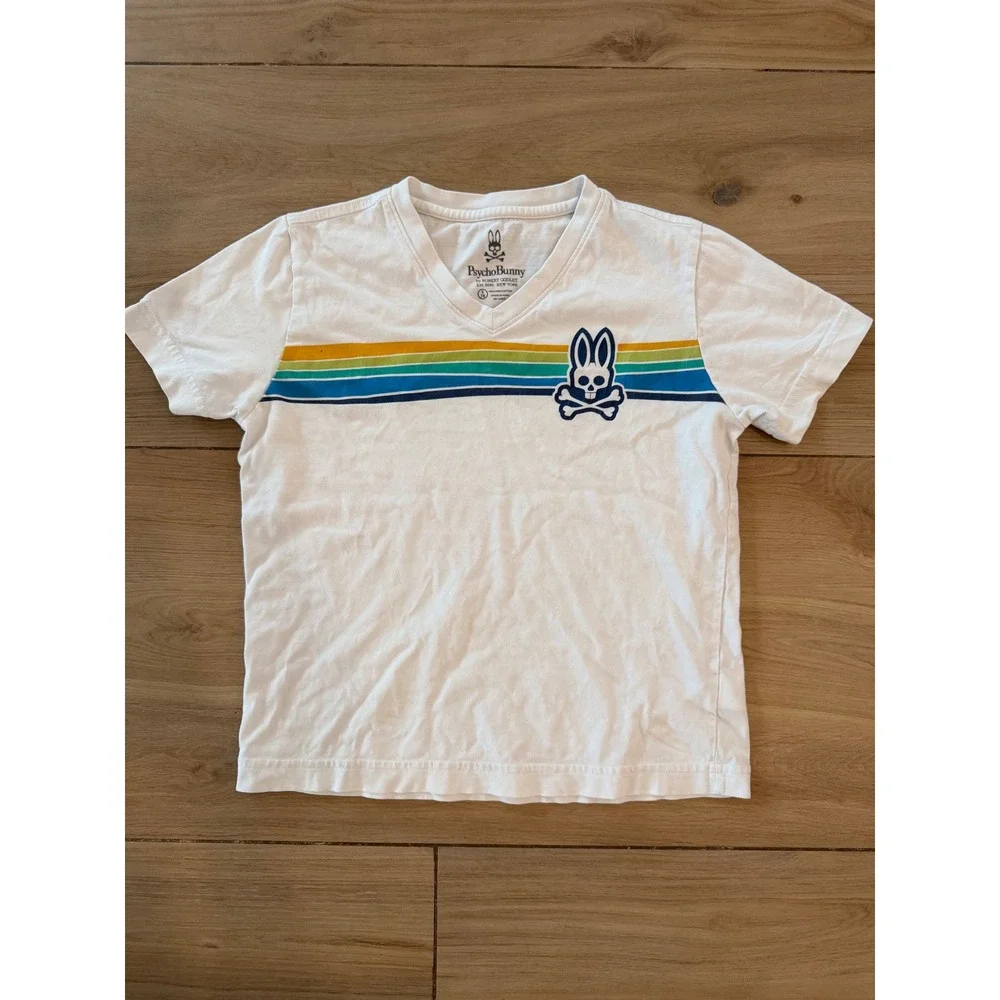 Psycho Bunny Boys White Pima Cotton V-Neck Stripe Graphic T-Shirt Size S 7/8